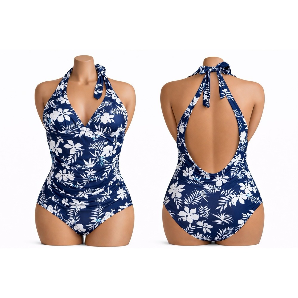 AIMAGE‎ One Piece Swimsuit Womens XL Navy Blue Floral Padded Halter Neck Ruched
